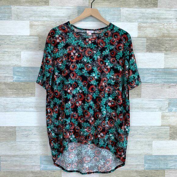 LuLaRoe Irma High Low Tunic Top Black Green Red Floral Print Womens XS - Picture 1 of 5
